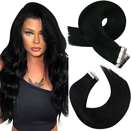 Moresoo Tape Hair Extensions Black Tape in Human Hair Extensions Jet Black Real Hair Extensions Tape in 12 Inch 20 Pieces/30g #1
