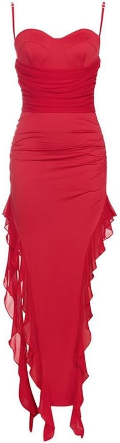 JSEIAJB Smocked Halter Model Strapless Fluttering Belt Slim Irregular Dress Women