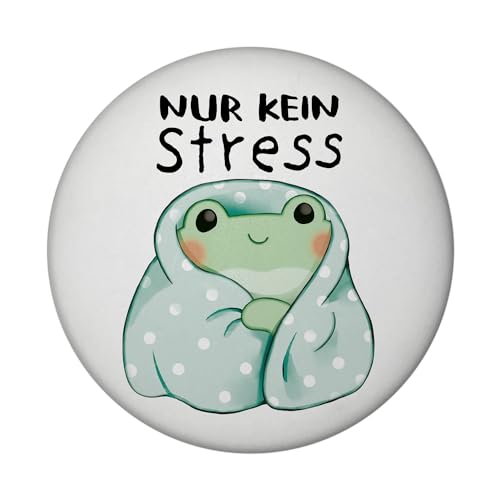 Frosch in blauer Decke Magnet rund mit Flaschenöffner rund mit Spruch Nur kein Stress Kawaii Süßer Plüsch-Frosch Relax Entspannungshilfe für Weinkeller Backofen