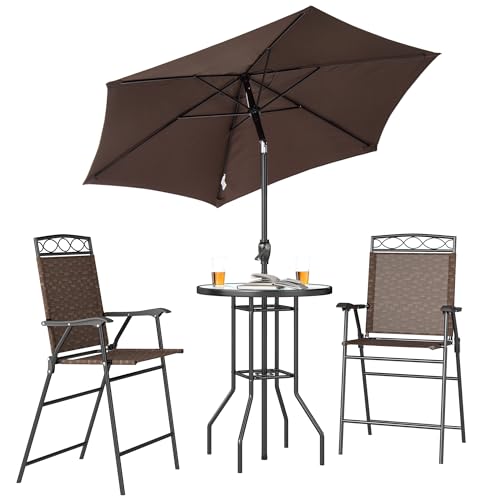 Outsunny 4 Piece Outdoor Bar Set with Umbrella, Patio Dining Set with 2 Folding Chairs, Wave Textured Tempered Glass Table for Backyard, Garden, Deck, Poolside, Brown