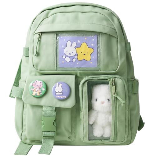 Mochila escolar Infantil e juvenil, Bolso Frontal, Alças Acolchoadas, grande capacidade, ursinho e broches, ideal para crianças de 6 a 13 anos (VERDE)