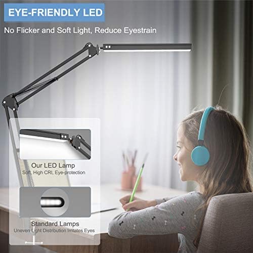 LED Desk Lamp, Adjustable Swing Arm Desk Lamp with Clamp, Dimmable Desk Light, Eye-Caring Reading Light, Memory Function Table Lamp, 3 Color Modes, 10-Level Brightness, Desk Lamps for Study, Bedroom
