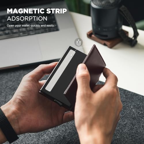 Image of VULKIT Credit Card Holder with Banknote Compartment RFID Blocking Pop up Leather Card Wallet with ID Window, Top-Grain Cowhide Epresso, Minimalist