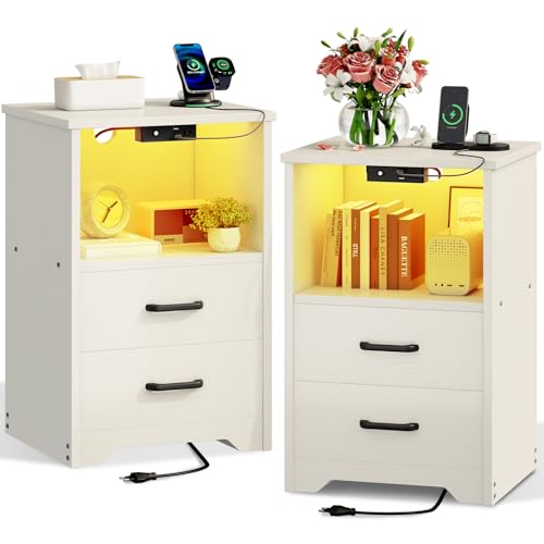 Coleshome Mesitas de Noche Pack 2, Mesita de Noche Blanquecino con 2 Enchufes y 2 Puertos USB, con luz LED, con 2 Cajones de Madera y un Espacio de Almacenamiento, 2 ​​Paquetes