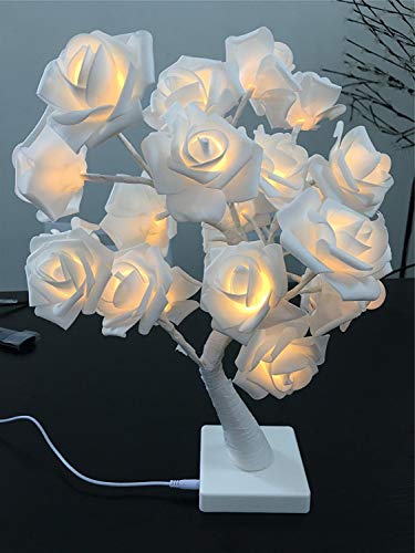 Holiday Deals 🛒 Fantasee LED Rose Tree Table Lamp 24 Warm White LED USB & Battery Operated for Wedding Home Party Birthday Valentine’s Day Décor (White Rose)