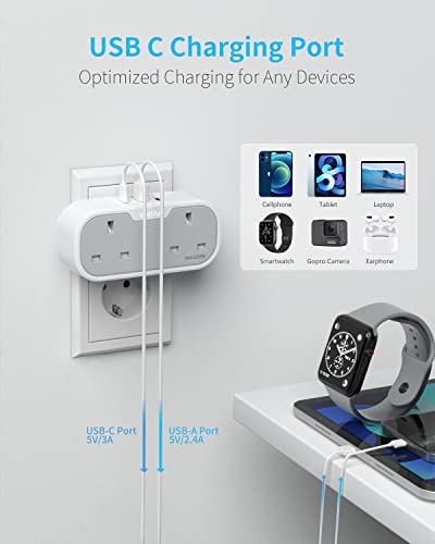 UK to European Plug Adapter, VINTAR 2 Way Grounded Schuko Europe Travel Adapter with 2 USB A 1 USB C Ports - Image 4