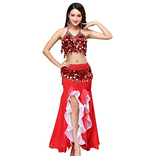 ORIDOOR Women's Belly Dance Dress Belly Dance Crop Top Bra Top and Belt Chiffon Dancing Skirts Costume 3-piece Outfit Red by ORIDOOR - Used condition - US$30.05