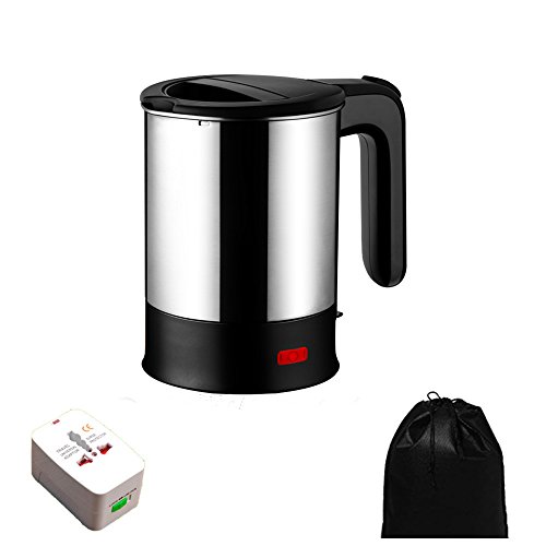 Electric Travel Kettle Dual Voltage, Electric Kettle Small, Stainless Steel Hot Pot With Free Universal Adapter - Suitable For Boiling Water & Eggs Heating Milk (Black-110-220V)