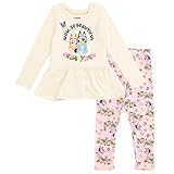 Bluey Bingo Floral Little Girls Peplum T-Shirt and Leggings Outfit Set White/Pink 7-8