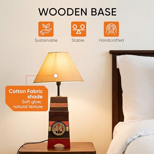 Image of AAKRITI ART CREATIONS MDF Table Lamp for Study Room, Bedroom & Living Room Decoration | Dhokra-Warli Dhokra Tribal Motif Bedside Lamp with Cotton Fabric Shade | Aesthetic Night Lamp