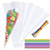 Contenido del paquete - 100 bolsillos cónicos transparentes y color. La gran cantidad te ayudaría a envolver fácilmente regalos, dulces o chocolate