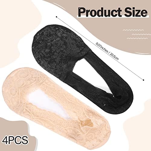 Geyoga 4 Pairs Low Cut Lace Boat Socks Non Slip Ankle Socks for Women Girls Casual Invisible Socks No Show Socks Grip Liner Socks for Sneakers, Black, Beige