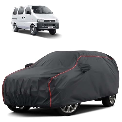 Image of Sulfar 100% Water Resistant Car Body Cover Compatible with Mirror for Maruti Suzuki Eeco (Triple Stitched, Full Bottom Elastic, Dark Grey Tafetta with Red Piping)