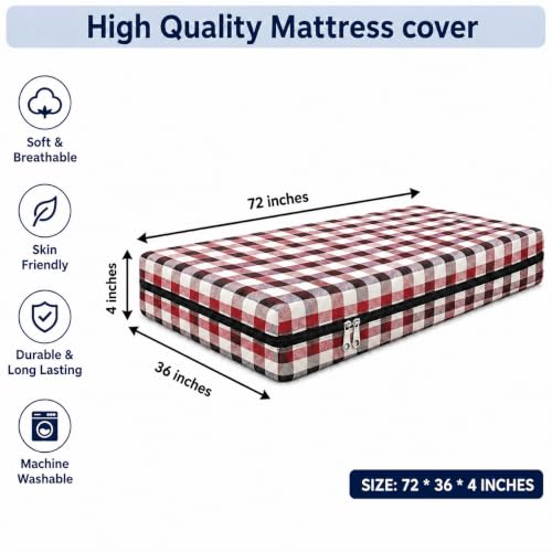 Image of Cotton Mattress Cover Protector for Single Bed with Strong Zip /Chain || Size (72x36x4) Inch / 6x3 Feet (Red)