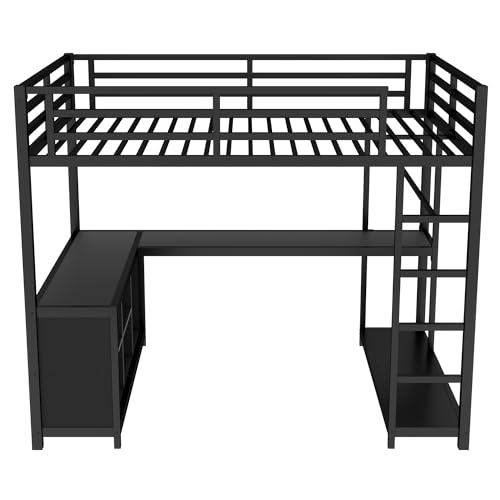 Image of Bellemave Full Size loft Bed with L Desk, Wardrobe, Metal Full Loft Bed Frame for Adults, Kids, Teens, Black