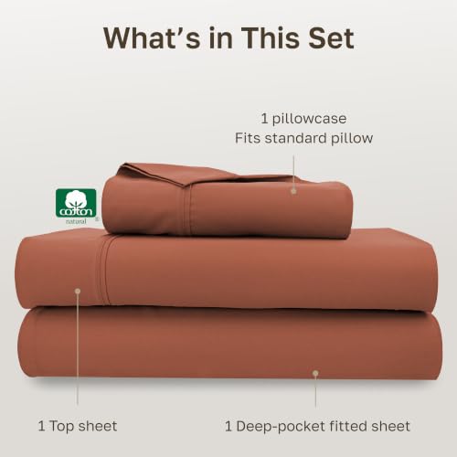 Image of California Design Den Twin XL Bed Sheets Set - Soft 400 Thread Count Sateen, Natural 100% Cotton XL Twin Sheet Set, Deep Pockets with All Around Elastic for a Snug Fit, Durable Bedding - Rust