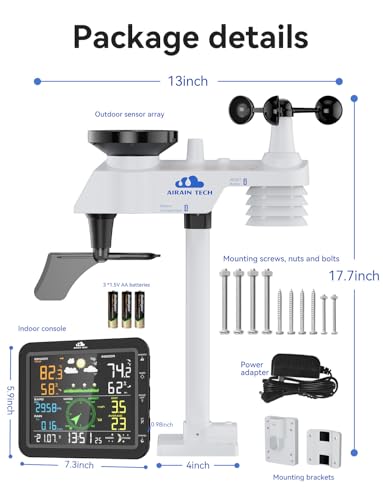 AIRAIN TECH 10-in-1 Wireless Weather Station with Outdoor Wireless Sensor,Radio Controlled Clock,Rain Gauge,Wind Speed/Direction,Moon Phase, Barometer,Temperature/Humidity,Weather Forecast (NO WiFi)