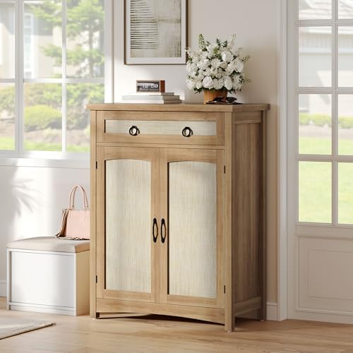 DWVO 5-Tier Rattan Shoe Storage Cabinet, Farmhouse Shoes Rack Cabinet with Adjustable Shelf, 43" Tall Wood Shoe Organizer with Drawer & Doors for Entryway Hallway Living Room Closet (Oak)