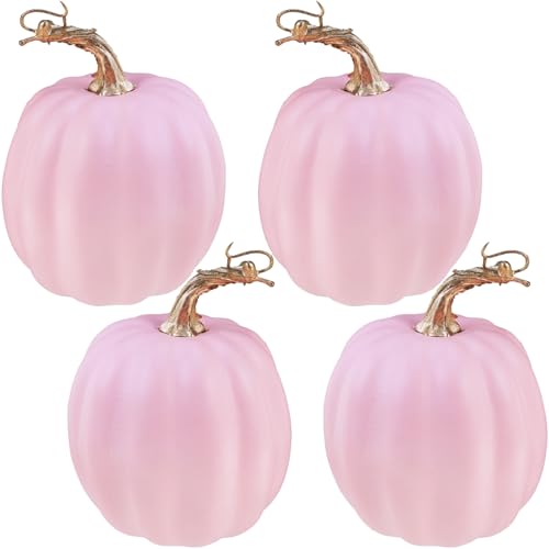 Winlyn 6.7" Pink Artificial Pumpkins 4 Pcs Harvest Lifelike Pumpkins