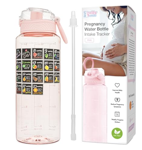 Image of BellyBottle Pregnancy Water Bottle Tracker – Pregnancy Must Haves – Pregnancy Gifts for Expecting Mom – Pregnancy Essentials Nausea Relief – Weekly Stickers + Straw + BPA Free – Pink