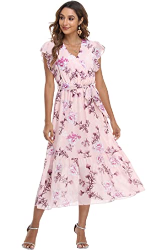 Image of VintageClothing Womens Sundress Casual Floral Summer Boho Dress | Flowy Wrap V Neck Ruffle A-Line Pleated Hem Midi Dresses