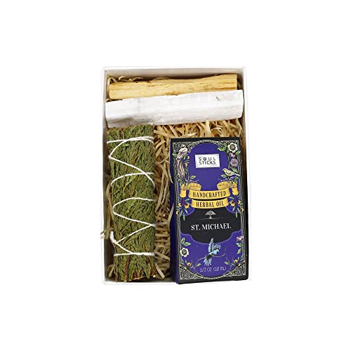 SOUL STICKS Manifesting Intention's Kit Gift Set with Sage, Spell Herbal Oil, Palo Santo Stick and 4 Selenite Wand in White Gift Box (St Michael)