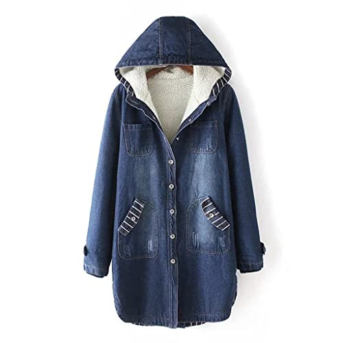 SDFGH Chaqueta de mezclilla de invierno de otoño for mujer con capucha de terciopelo con capucha Jeans de gruesa chaqueta femenina Cortavientos Largo Abrigo Largo Estudiante Outerwear (Color : Blu,