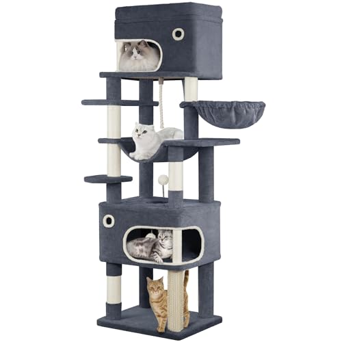 Hzuaneri Arbre à Chat, Tour de Jeux pour Chats de 178 cm avec Grande Plateforme, 2 Niches, 7 Griffoirs, Pompons, Paniers, Hamac, Convient aux Chats de Toutes Tailles,...