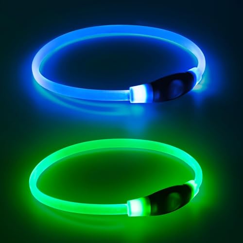 2 Packs Light Up Dog Collar, LED Dog Collar, USB Rechargeable Dog Lights for Night Walking, Adjustable Glow in The Dark Collars for Small Medium Large Dogs, Waterproof Safety Pets Lights Green&Blue