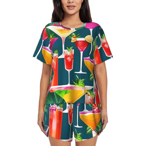 Pyjama deux pièces femme avec motif imprimé cocktail tropical coloré et short fluide