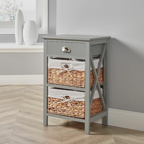 Home Source Bedside Table Storage Cabinet, Wooden Slim Chest with Water Hyacinth Basket Organiser, Grey, 2 Drawer