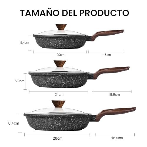 Miniatura 2 de Riovarm Antiadherente Juego De Sartenes Con Tapas Inducción Juego De Sartenes Con Mango Resistente Al Calor Granito Sartén Para Tortillas Sin Pfoa Mármol Batería De Cocina 20cm 24cm 28cm