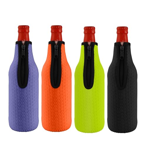 KENOBE 4 enfriadores de botellas de cerveza de 16 oz, aislados, reutilizables, antideslizantes, de neopreno, mangas con cremallera, fundas para botellas de cerveza (500 530 ml), 4 unidades de