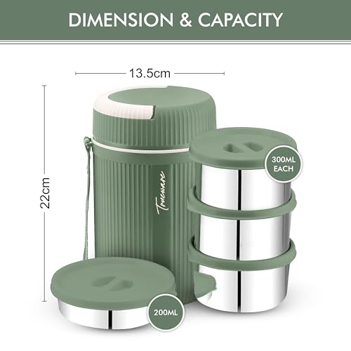 Image of Trueware Plastic Grub 4 Double Wall Insulated Hot Lunch Box with 3 Ss Container 300 Ml Each & 1 Ss Container 200Ml | Bpa Free | Food Grade | Hot and (LBI-GRB-004-Green BAZ)