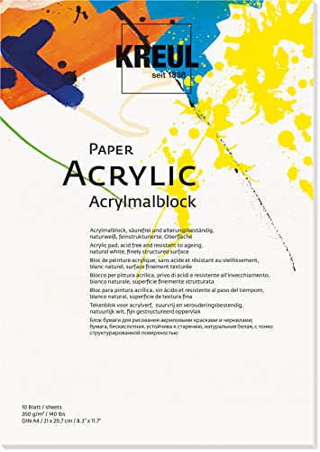 KREUL 69041 - Bloc de peinture acrylique, DIN A4, 10 feuilles, blanc naturel, surface finement structurée, collé sur quatre côtés, sans acide, pour la peinture à l'acrylique, à l'encre, aux marqueurs