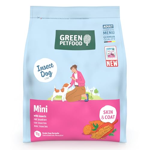 Green Petfood InsectDog Mini mit Insekten (1 x 900 g) | Adult Mini | Premium Trockenfutter für ausgewachsene kleine Hunde | Süßkartoffel & Erbse | getreidefrei | extrakleine Kroketten | 1er Pack