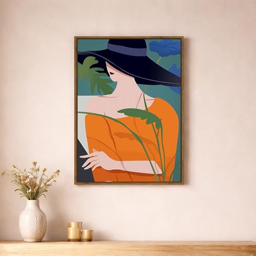 Image of Modern Woman Portrait Framed Canvas Painting For Living Room | Tropical Abstract Fashion Wall Art For Livingroom Wall Decor, Home Decor, Bedroom, Hallway's, Office, Hotel - 43x58 cm