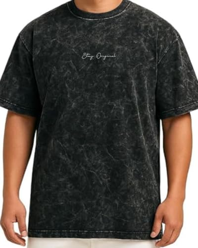 Image of VEL Heavy GSM Pure French Terry Cotton Men's Graphic Print Oversized Fit Half Sleeve Round Neck Cotton Acid Wash Print T-Shirt