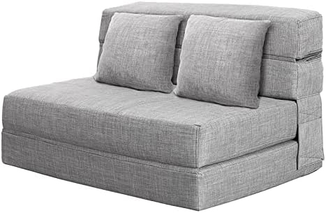 ANONER 60" Folding Sleeper Chair Sofa Bed Lazy Couch with 2 Pillows, Queen Size Memory Foam Washable Cover, Light Gray