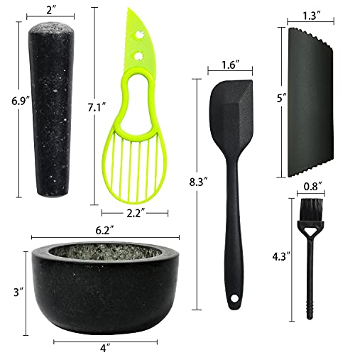 Finnhomy Mortar And Pestle Set - 6.2 Inch 2 Cup Capacity Authentic Mexican Mortar Molcajete Mortar And Pestle With Garlic Peeler & Spatula & Avocado Slicer & Cleaning Brush, Matt Black #TOP1