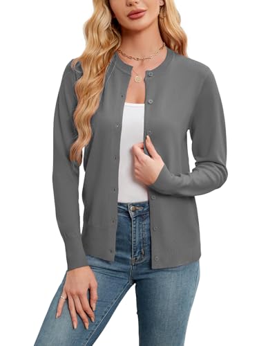 Image of Gracyoga Women's Classic Long Sleeve Knit Cardigan Lightweight Open Front Button Down Crew Neck Fall Cardigan Sweater