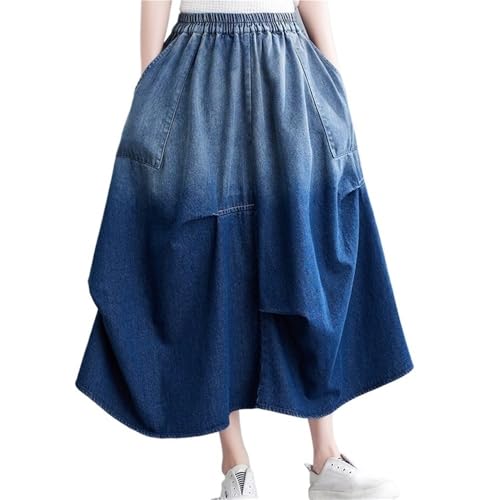 Fashion Gradient Color Ruched Midi Denim Skirt for Women Elastic High Waist Casual Loose A-line Skirt with Pockets