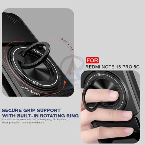 Image of AESTMO Redmi Note 15 Pro 5G Back Cover | Armor Camera Slider 360 Degree Rotating Finger Ring Holder Case with Bracket Stand Back Case Cover (Compatible with MagSafe Accessories) (Black)