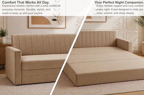 Image of Modern Velvet 3-Seater Sofa Cum Bed with Armrest, Convertible Sleeper Couch Sofa for Living Room, Bedroom & Office-Golden