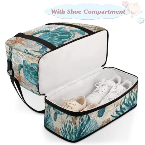 Vintage Sea Ocean Animal Turtle Foldable Travel Duffel Bag Tote Carry on Luggage Sport Duffle for Women Men Gym Bag Overnight Weekender Bags with Shoe Compartments and Shoulder Strap4