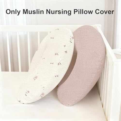 Image of Little Grape Land Muslin Nursing Pillow Covers 2 Pack, 100% Cotton Removable Breastfeeding Pillow Covers, Feeding Pillow Slipcovers for Baby Boys & Girls, (Fog Flower & Rosy)
