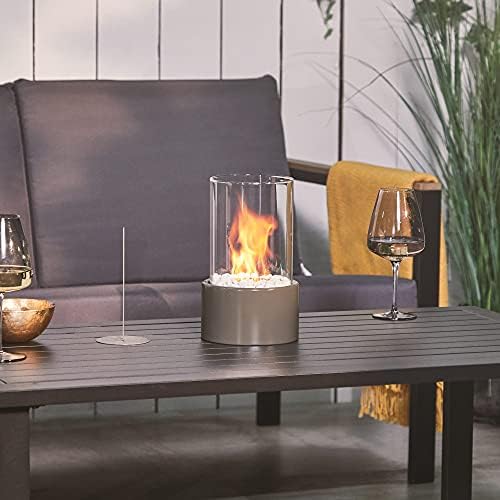 VonHaus Tabletop Fireplace  Bioethanol Fireplace  Bio Ethanol Table Top Fire, Table Top Heater for Outdoor & Indoor  Portable, 70 Min Burn Time, Windproof Glass, Round Shape  Hammer Stone Grey