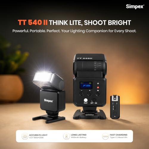Image of Simpex TT 540 II on Camera Flash with in Built Lithium-ion Battery that Supports USB-C Charging, 2.4 Ghz in Built reciever for Wireless triggering and a Universal hot Shoe Design.