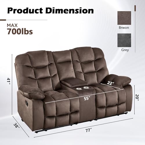 Image of Manual Reclining Loveseat Sofa for Living Room, 77 inch Wide Overstuffed 2-Seater Recliner Couch with Cup Holders & Storage Console, Brown