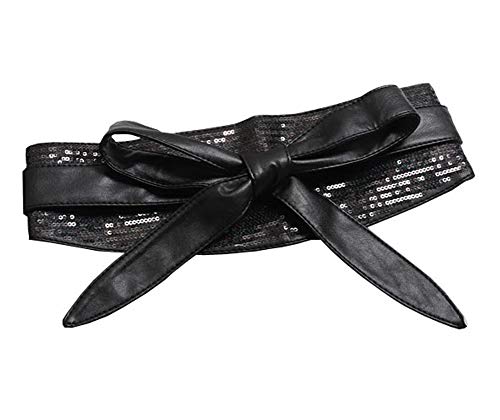 shengweiao Women's Sequin Faux Leather Self Tie Wrap Obi Waist Belt (Black)3